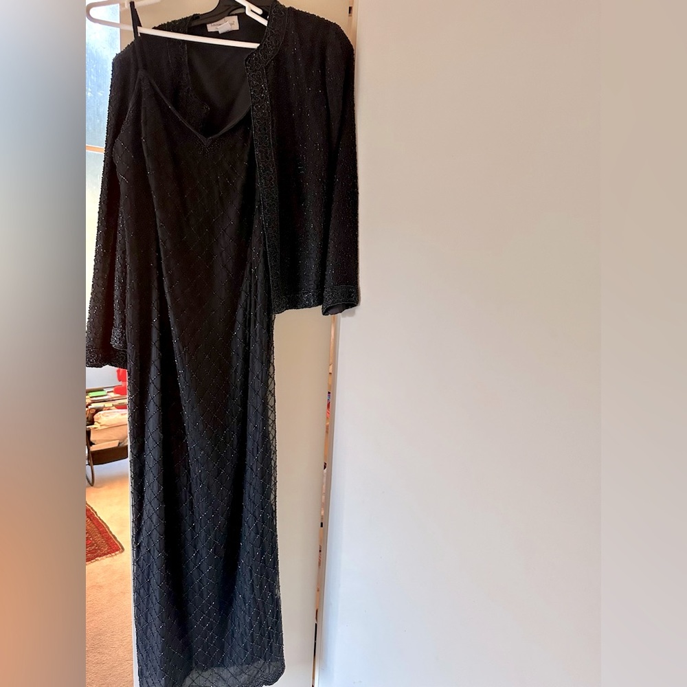 Two-Piece beaded Evening Gown (jacket and dress). Navy. Size XL.